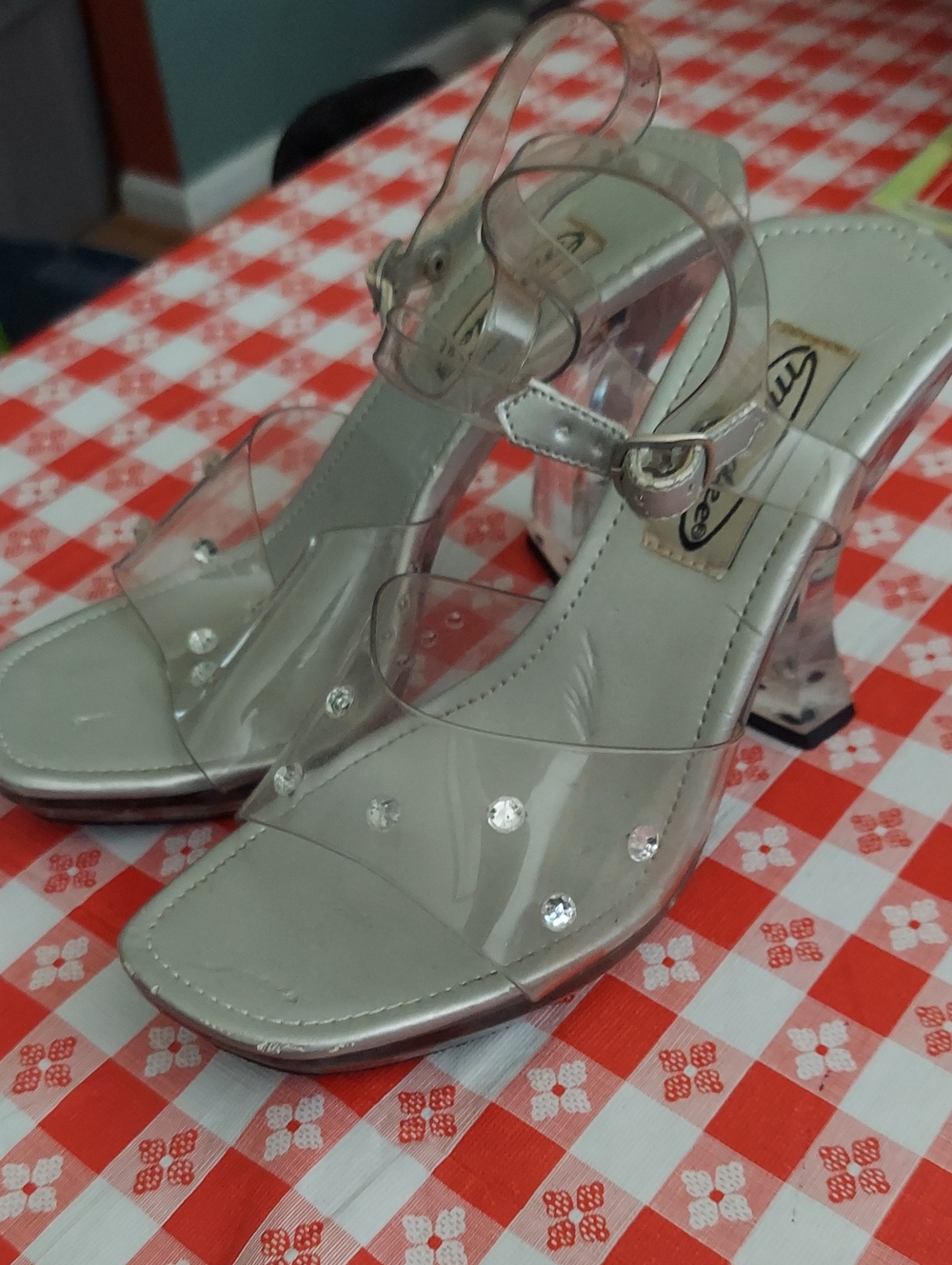 Mandee Clear Rhinestone Block Heel Sandals with Silver Trim